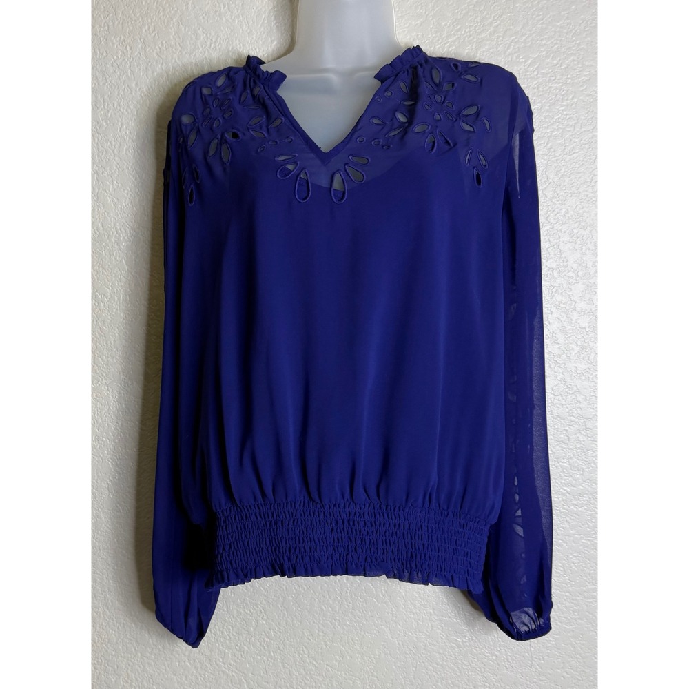 White House Black Market Womens S Blouse Purple Eyelet Smocked V Neck Top Chic